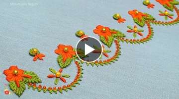 Floral Border Embroidery Design, Single Border Design, Beaded Embroidery Design, Sewing Class