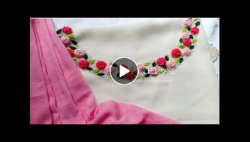 Hand embroidery: ring knot flower neck design for kurti salwar|embroidery neckline