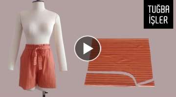 Very Easy Paper Bag Belted Short Cutting and Sewing (With Side Pockets)