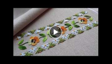 Flower border design Pansies and daisies Floral embroidery