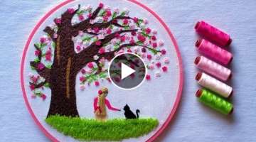 Simple way of embroidery / Beautiful Sakura hand embroidery / Under the Sakura tree