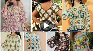 Trend Designer Cotton Granny Square Pattern Fashion Women / Blouse Crop Top and Strappy Design