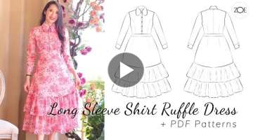 Long Sleeve Shirt Ruffle Dress / PDF Sewing Patterns