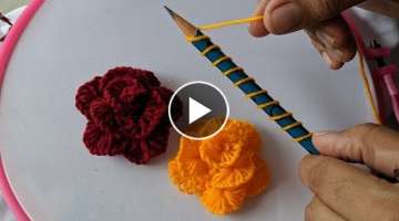 Amazing Hand Embroidery Rose flower design trick with pencil / 3d Easy Woolen Flower Ideas