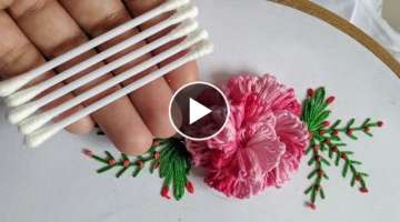 Amazing Hand Embroidery 3d flower design trick with cotton swab / Brazilian stitch / Rose Flower ...