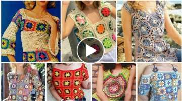 Vintage Crochet dress design - Beautiful crochet knitted granny square style patchwork Crop Top b...