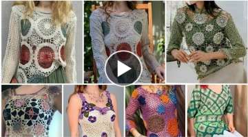 Classy Ultra Modern Crochet Knit Fashion Designers / Fancy Granny Square Crop Top Blouse for ladi...